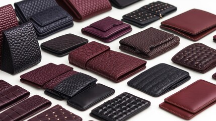 Fototapeta premium Collection of Burgundy and Black Textured Leather Wallets on White Background