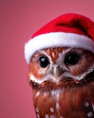 Obraz premium A festive owl wearing a Santa hat against a pink background, perfect for holiday themes.