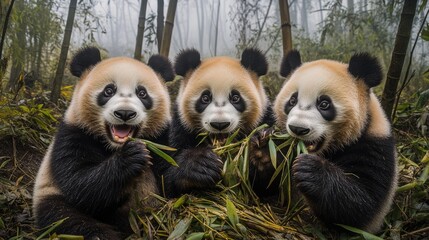 Obraz premium Three Pandas Enjoying a Bamboo Feast in a Foggy Forest