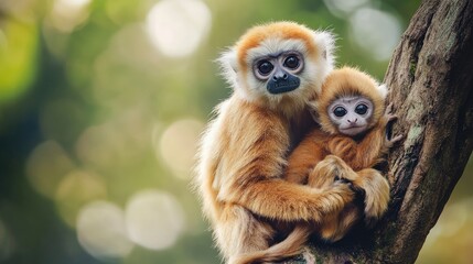 Fototapeta premium Golden Langur Mother and Baby in a Tree