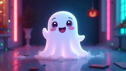 Cute Ghost Waving in Neon Halloween Room
