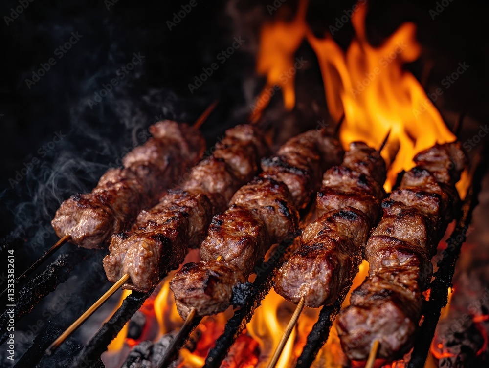 Aufkleber grilled meat skewers cooking over an open flame with flames and smoke in a darkened setting