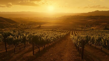 Naklejka premium Golden Hour Vineyard Landscape Rows of Vines at Sunset