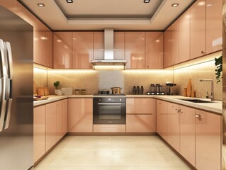 Fototapeta premium This modern kitchen is designed with peach colored cabinetry and appliances