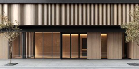 A modern architectural facade featuring wood paneling and glass windows