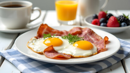 Fototapeta premium A classic breakfast with eggs, bacon, toast, coffee, and orange juice on a white table. A fresh and inviting morning scene with natural light and vibrant ingredients.