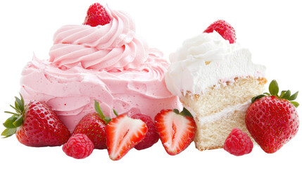 Delicious Pink Creamy Frosting with Fresh Strawberries and Slice of Cake on White Background