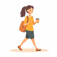 Happy woman walks with coffee, wearing a backpack, against a white background, perfect for a cartoon illustration or lifestyle graphic.