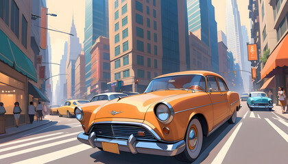 Obraz premium Vintage Cityscape: A Classic Car Cruise Down a Sunny Urban Street