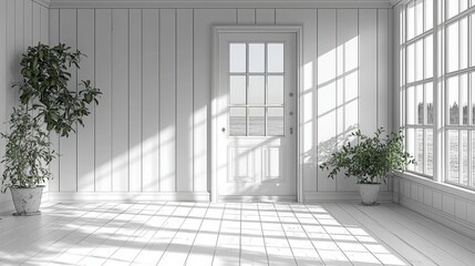 Bright and Minimalist Interior Space with Large Windows and Potted Plants in Soft Natural Light