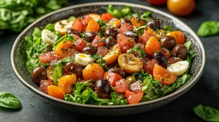 Vibrant colorful salad with mixed tomatoes, olives, and eggs
