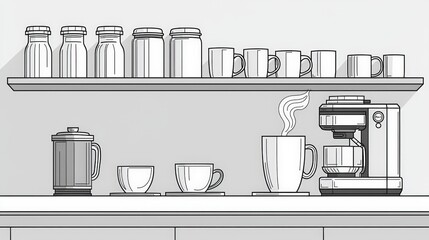 Modern Kitchen Counter with Coffee Maker, Jars, Mugs, and Steam Rising from Cup