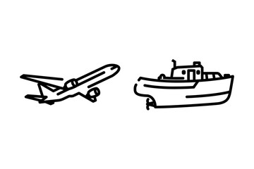 black line on transport icons consist of plane and ship boat. the illustration of travel Vacation design on white background