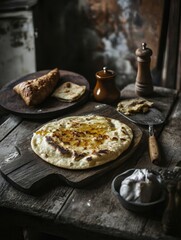 Rustic Table Arrangement with Flatbread, Garlic Cloves, Pepper Mill, Olive Oil, and Homemade Pastry on Wooden Surface