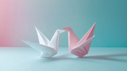 Minimalist origami New Year crafts, using clean white and pastel papers for delicate folded designs