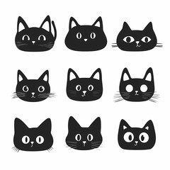 Fototapeta premium Nine cute cartoon cat faces with different expressions and ear shapes against a white background.