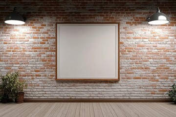 Poster in room on a brick wall with lamps & frame