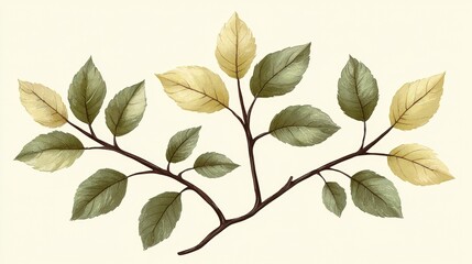 Elegant Hand-Drawn Leaf Branch in Soft Color Palette for Creative Nature-Inspired Designs