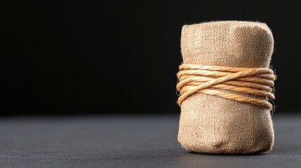 A wrapped bundle of materials on a dark background, symbolizing organization and storage.