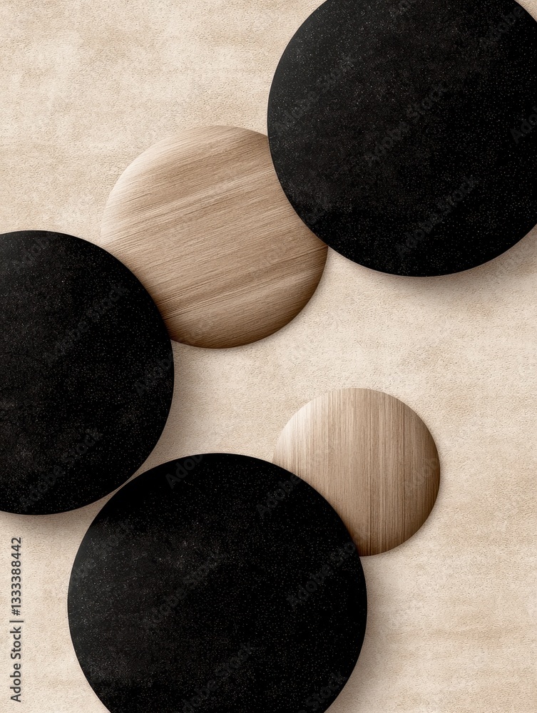 Poster abstract composition of circular shapes in contrasting colors and textures.