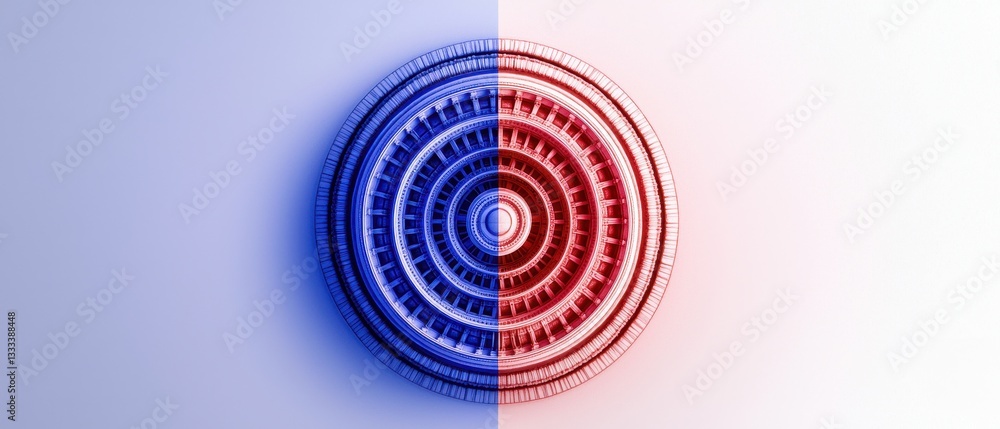 Poster abstract design featuring circular patterns in contrasting blue and red hues.