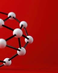Obraz premium Abstract molecular structure with white spheres and black rods on a vibrant red background.