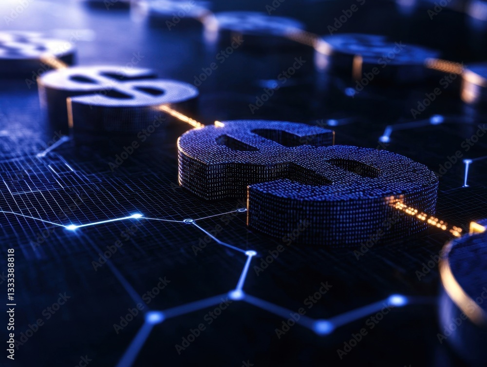 Poster abstract representation of digital currency with dollar symbols and technology background.