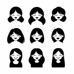 A collection of nine cute and simple cartoon avatars of women with different hairstyles, all smiling with black hair against a white background.
