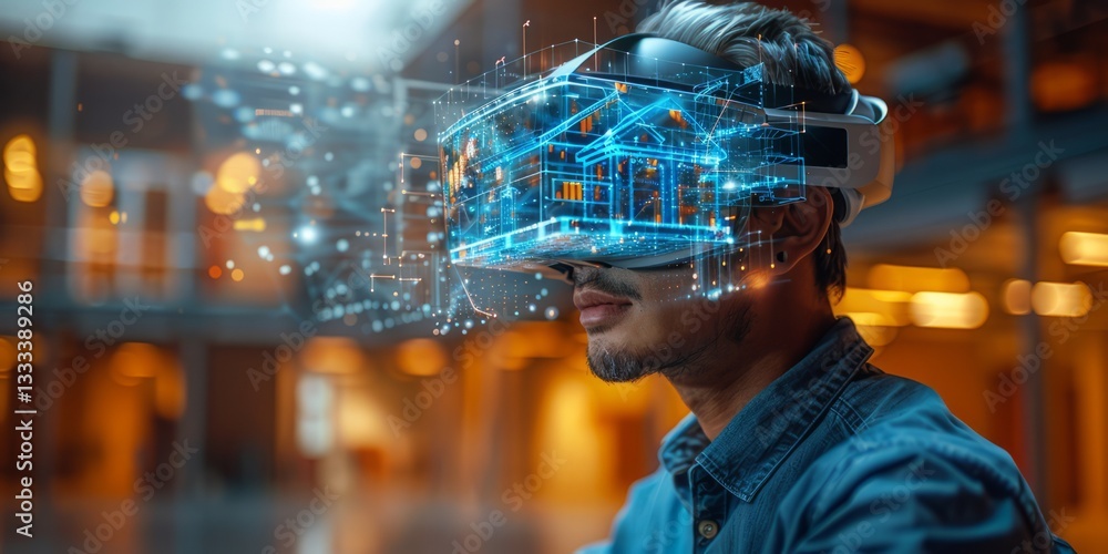 Poster architect using a vr headset to visualize a futuristic 3d model of a smart home in augmented reality