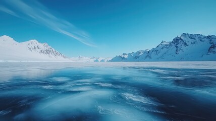 Obraz premium Serene Winter Landscape: Frozen Lake Reflecting Snow-Capped Mountains Under a Vibrant Blue Sky