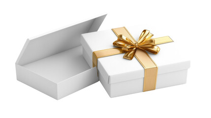 Obraz premium Elegant White Gift Box with Gold Ribbon and Open Lid for Special Occasions and Celebrations