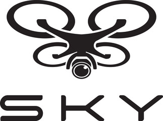 simple monochrome black silhouette flying drone sky robot for spying and picture or video capture icon logo design