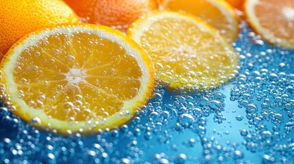 Fresh citrus slices in water with bubbles