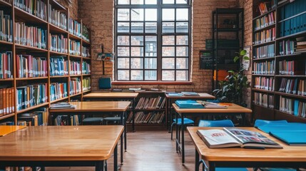 Serene Library Study Hall: Bookshelves, Tables, and Natural Light