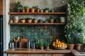Wooden kitchen counter and shelves filled with pots, pans, and plants.