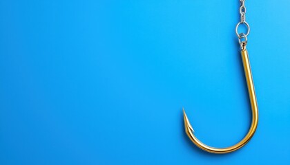 Close-up of a shiny gold fishing hook against a vibrant blue background.