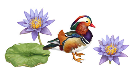 Obraz premium Elegant Mandarin Duck Amidst Delicate Watercolor Lotus Flowers Illustration