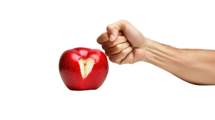 Hand Clenching Fist Above Apple with Bite Showing Freshness and Juiciness Symbolizing Strength