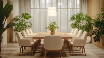 Modern Conference Room with Elegant Wooden Table Surrounded by Lush Greenery and Natural Light