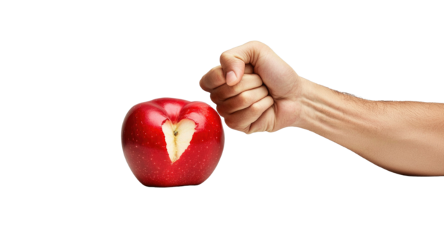 Hand Clenching Fist Above Apple with Bite Showing Freshness and Juiciness Symbolizing Strength