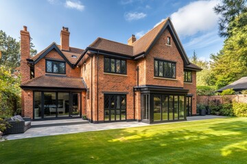 Ultra realistic exterior view of a contemporary british home with red brick and black roof design