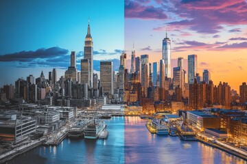 Obraz premium Contrasting artistic styles new york skyline in pencil sketch and hyper realistic digital painting
