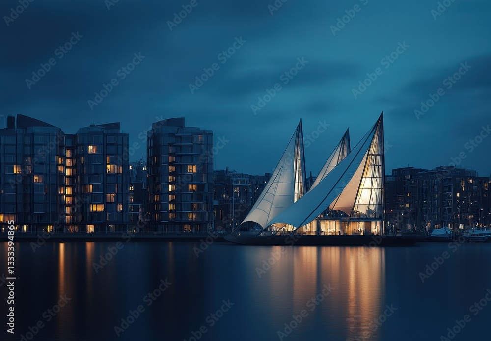 Aufkleber serene evening view of modern architectural structures reflecting on calm water with illuminated sai