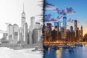 Fototapeta premium Split screen new york skyline intricate pencil sketch merges with vibrant digital painting art
