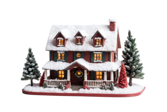 Charming miniature snow-covered house with festive decorations and a Christmas tree, ideal for holiday-themed decorations and displays on white background 
