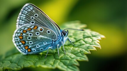 Obraz premium Close-Up of a Butterfly Resting on Bright Green Leaf