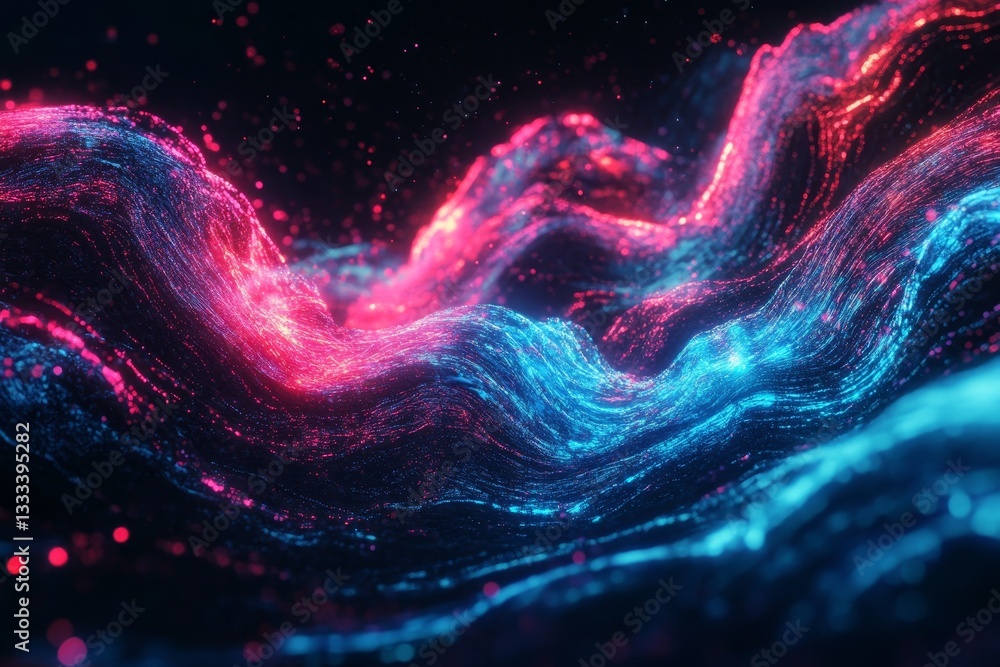 Poster dynamic abstract background of glowing electric waves in blue and red on a deep black canvas