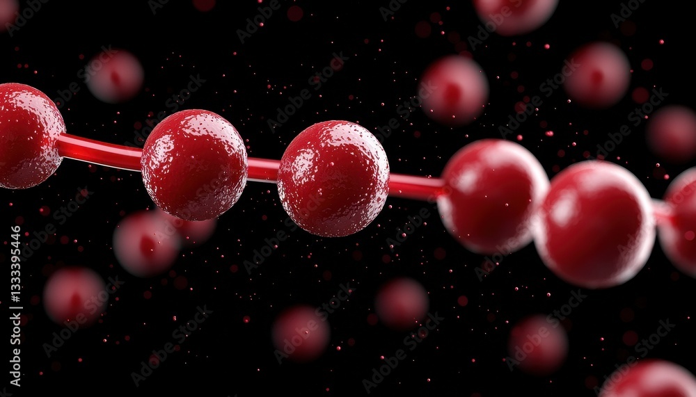 Poster close-up of red molecular structures on a black background, illustrating science concepts.
