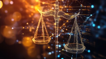 Double Exposure Effect about Law and Justice. Abstract Golden Scales of Justice in Digital Network