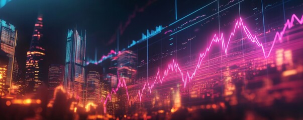 Futuristic stock chart with neon trend lines over modern digital city skyline at night